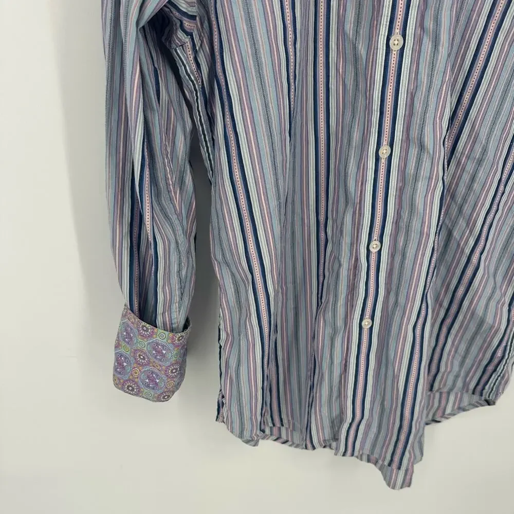 Robert Graham Men’s Striped Dress Shirt Flip Cuff Colorful Size Medium Party